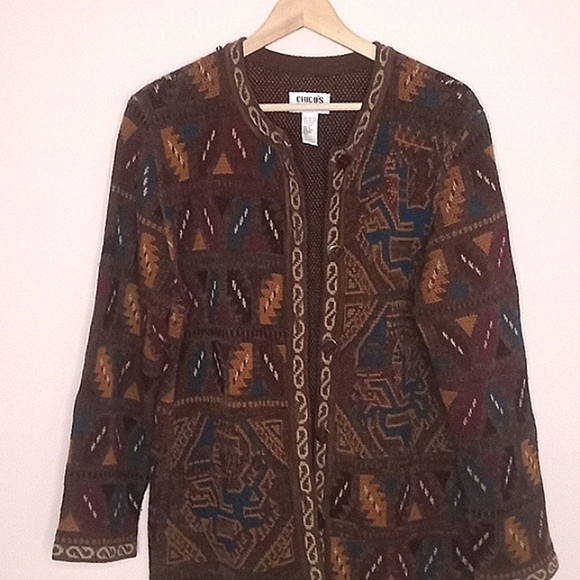 Chico's Design Vintage 90s Colorful Pattern Cotton Blend Cardigan Sweate… - Picture 4 of 16